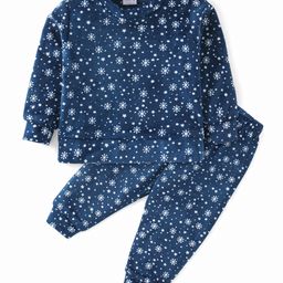 Babyhug Knitted Full Sleeves With T-Shirt & Lounge Pants Snow Flake Print - Navy Blue-picture-22