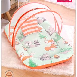 Babyhug Cotton Mattress Set with Mosquito Net Fox Print- Pista Green-13