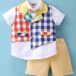 ToffyHouse 100% Cotton Woven Half Sleeves Shirt & Shorts Set with Checkered Waist Coat & Bow - Beige-image-91