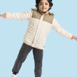 Babyhug Woven Full Sleeves Solid Color Padded Jacket With Removable Hoodie - Cream-21