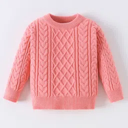 Kookie Kids Viscose Knit Full Sleeves Pullover Sweater With Cable Knit Design & Solid Colour - Pink-picture-6
