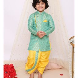 KID1 Full Sleeves Motif Foil Printed Kurta With Dhoti - Green & Yellow-image-60