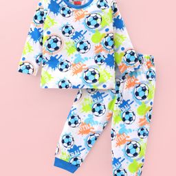 Babyhug Cotton Knit Full Sleeves Night Suit With Footballs Print - Off White-image-119