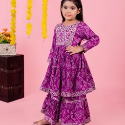 aatya kiids AATYA by Shruti Agarwal Cotton Full  Sleeves Bandhej Design & Gota Lace Embellished Kurta With Sharara - Purple-picture-38