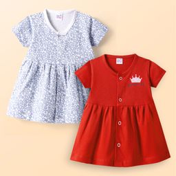 Ben Benny 100% Cotton Knit Half Sleeves Front Open Frocks with Floral & Text Print Pack of 2 - Red & Light Blue-picture-3
