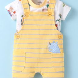 Child World Interlock Knit Half Sleeves Shirt & Striped Dungaree Style Romper with Hippo Embroidery & Floral Print - Yellow-image-41