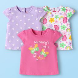 Babyhug Cotton Knit Cap Sleeves T-Shirts with Hearts & Butterfly Print Pack of 3 - Pink Lavender & White-image-84