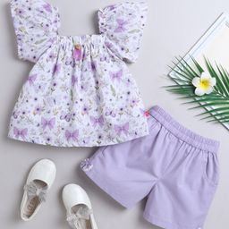 Twetoons Woven Half Sleeves Top & Shorts Set With Floral & Butterfly Print - Lavender-image-83
