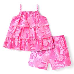 Babyhug Single Jersey Singlet Sleeves Top & Shorts Set with Print - Dark Pink-image-45