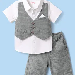 Babyhug Cotton Woven Half Sleeves Solid Color Shirt & Shorts Set with Attached Waistcoat - White & Grey-picture-24