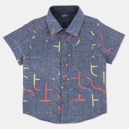 INFINITY Linen Cotton Half Sleeves Abstract Printed Shirt - Blue-image-4