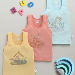 BUMZEE Cotton Pack Of 3 Sleeveless Baby Animals Printed Vests - Yellow & Coral-picture-32