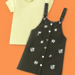 OLLINGTON ST.Single Jersey Knit Half Sleeves Inner Tee With Floral Embroidered Curdroy Pinafore - Yellow & Olive Green-image-97