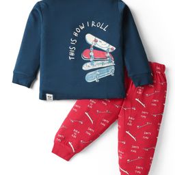 CUCUMBER Sinker Knit Full Sleeves Nightsuit With Skateboards Print - Navy Blue & Red-image-87