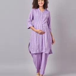 Mine4Nine Rayon Woven Three Fourth Sleeves Abstract Printed Maternity Kurta With Nursing Access & Pant Set - Purple-picture-9