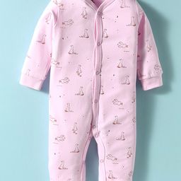I Bears Interlock Knit Full Sleeves Front Open Romper with Bird Print - Pink-image-42