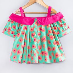 Hugsntugs Cotton Woven Cold Shoulder Sleeves Floral Printed Shirt Style Top - Green & Pink-image-21