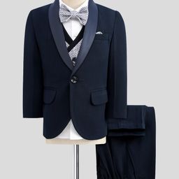 Robo Fry Cotton Woven Full Sleeves Solid 4 Piece Party Suit With Bow - Navy Blue-picture-45