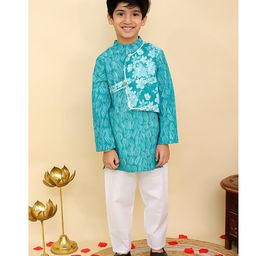 AJ Dezines Cotton Woven Full Sleeves Floral Printed Kurta Pyjama Set - Blue-image-61