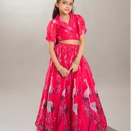 Bitiya By Bhama Silk Woven Half Sleeves Floral Printed Lehenga With Choli - Pink-picture-4