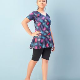 Aarika Half Sleeves Abstract Printed Frock Style Swimsuit - Multi Colour & Black image 4