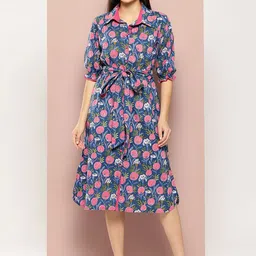 HERE&NOW Women Floral Printed Shirt Collar Bishop Sleeve Fit and Flare Midi Dress-picture-37