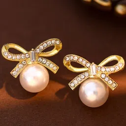 MEENAZ Korean Gold-Plated Pearls Contemporary Shaped Studs-image-89