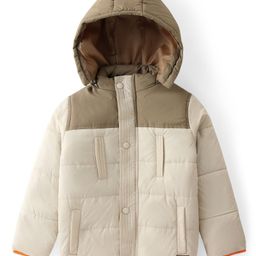 Babyhug Woven Full Sleeves Solid Color Padded Jacket With Removable Hoodie - Cream image 5