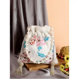 SWISNI White Floral Touch Embroidery Design Potli Bag (S)-picture-34