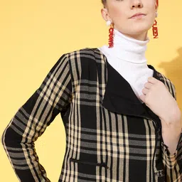 SASSAFRAS Women Black & Beige Checked Tailored Jacket-image-74