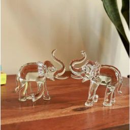 Unravel India White Handcrafted Premium Glass Duo Elephant Figurine Art Piece - Set of 2-21