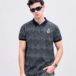Iconic Black Regular fit Stripes Polo T-Shirt-picture-16