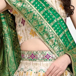 PURVAJA Green & Off White Printed Stitched Lehenga & Unstitched Blouse With Dupatta image 5