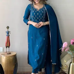 Divyadham Textiles Embroidered Thread Work Straight Kurta with Trousers & Dupatta-34