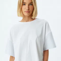 Koton Women Striped Round Neck Cotton Relaxed Fit T-shirt-image-33