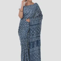 Kalakari India Blue Cotton Printed Saree With Unstitched Blouse-picture-10