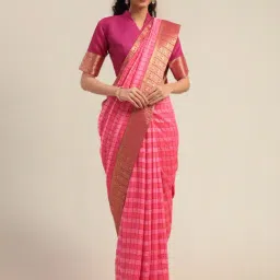 LADUSAA Pink Check Saree With Blouse-picture-39