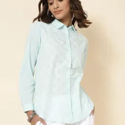 Fabindia Aqua Blue Cotton Chequered Shirt-picture-38