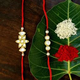 Karatcart Gold-Plated Kundan Rakhi with Roli Chawal & Greeting Card for Brother - Set of 2-36