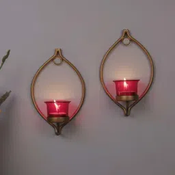 Homesake 'Holi' Red & Golden Metal Wall Candle Holder With Tea Light Candle - Set of 2-image-22