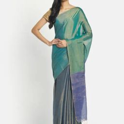 Fabindia Blue & Green Cotton Silk Woven Saree Without Blouse-image-33