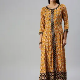 SHOWOFF Yellow Cotton Printed Calf Length Anarkali Kurta-48
