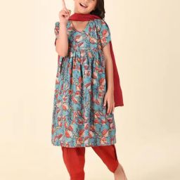 Fabindia Kids Teal & Red Printed Kurta, Salwar with Dupatta-image-11