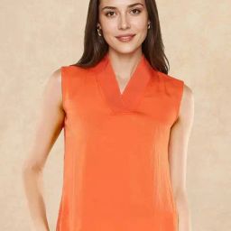 RAREISM Orange Satin Solid Sleeveless Top-image-12
