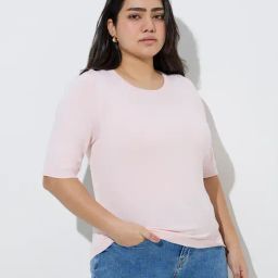 Gia by Westside Light Pink Solid Knitted T-Shirt-picture-19