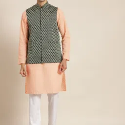 SOJANYA Men Peach-Coloured Chikankari Pure Cotton Kurta with Churidar & Nehrujacket-87