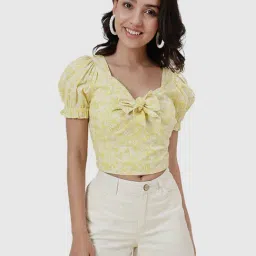 Fabindia Yellow Cotton Printed Crop Top-picture-0
