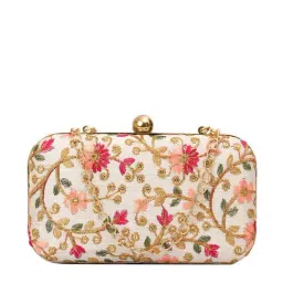 Gaurapakhi White & Pink Embroidered Minaudiere Clutch-image-8