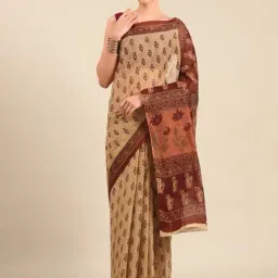 SHANVIKA Beige Pure Cotton Floral Print Saree Without Blouse Piece-picture-7
