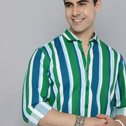 Mast & Harbour Men Green And Teal Blue Slim Fit Striped Pure Cotton Casual Shirt-image-25